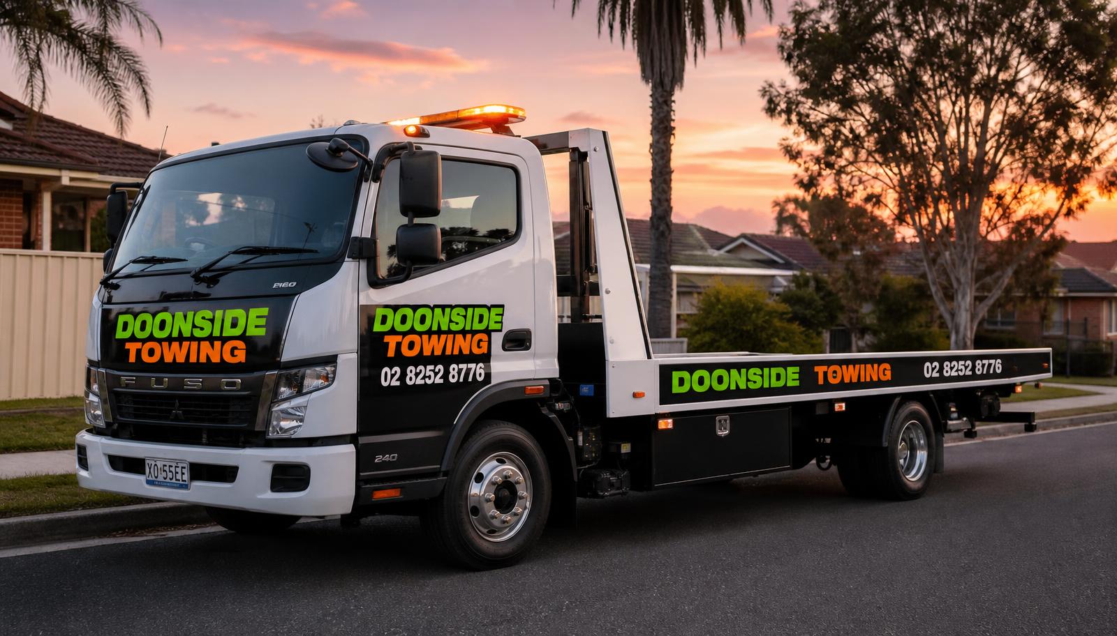 Doonside Towing flatbed tow truck at dusk