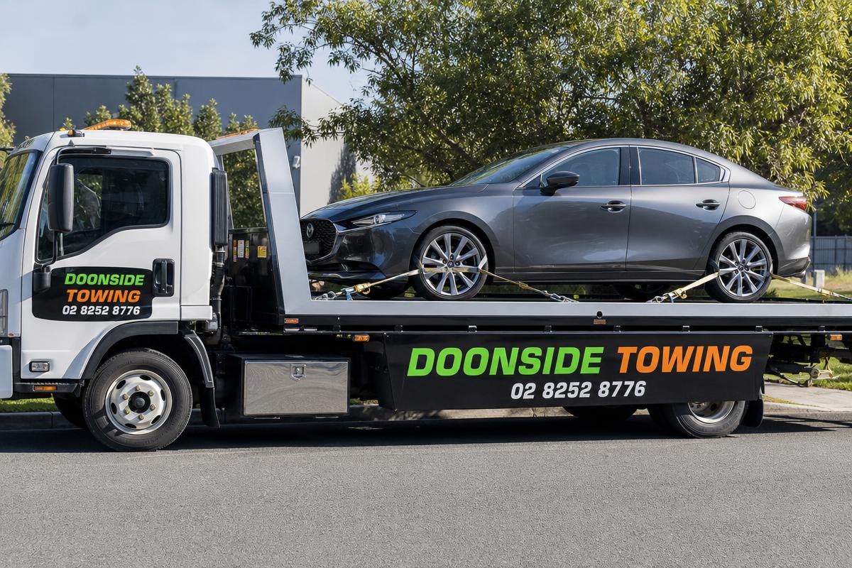 Car being loaded onto Doonside Towing flatbed