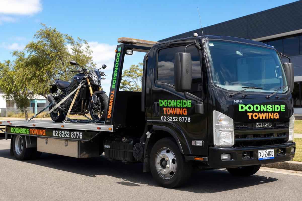 Motorbike secured on Doonside Towing truck